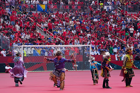Indigenous dancers perform during the opening ceremony before the World Cup Group B soccer match between Canada and Bosnia, Friday, June 12, 2026, in Toronto.