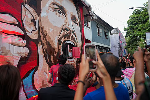 Footballer Bhaichung Bhutia during the unveiling of the mural of Argentine footballer Lionel Messi to celebrate the commencement of FIFA World Cup 2026, at Bandra, in Mumbai, Maharashtra.