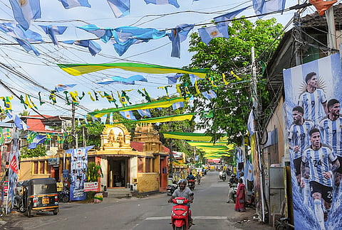 Posters and flags of Argentina national football team displayed on the streets ahead of FIFA World Cup 2026, in Thiruvananthapuram, Kerala.