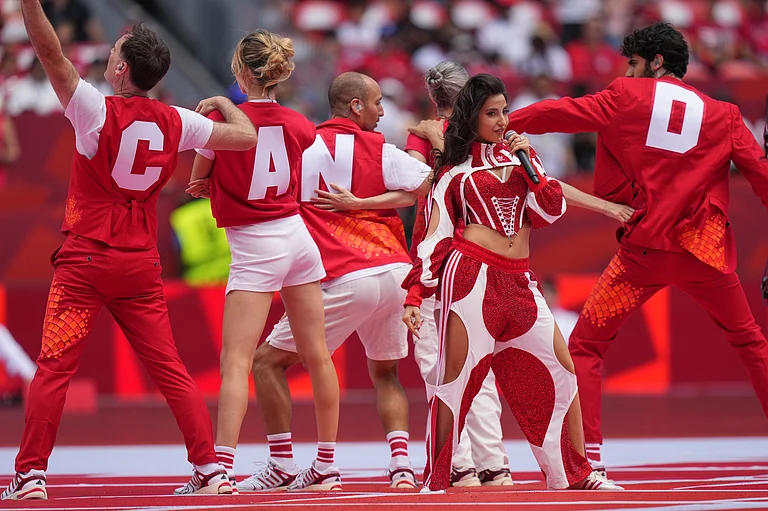 Nora Fatehi and fellow performers take part in the opening ceremony before the FIFA World Cup 2026, Group B match between Canada and Bosnia-Herzegovina in Toronto, Friday, June 12, 2026. - AP Photo/Stephanie Scarbrough