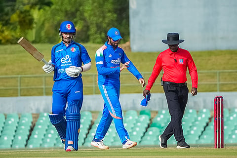In this image received on June 11, 2026, India's captain Tilak Varma, centre, and Afghanistan's captain Imran during an ODI cricket match between India-A and Afghanistan-A, in Dambulla, Sri Lanka.