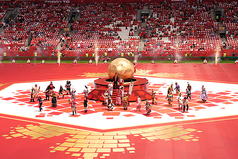 William Prince and dancers perform during the opening ceremony before the World Cup Group B soccer match between Canada and Bosnia, Friday, June 12, 2026, in Toronto.
