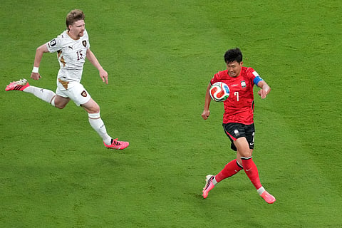 South Korea's Son Heung-min, right, controls the ball against Czechia's Pavel Sulc in the first half during the World Cup Group A soccer match between South Korea and Czechia in Zapopan, near Guadalajara, Mexico, Thursday, June 11, 2026.