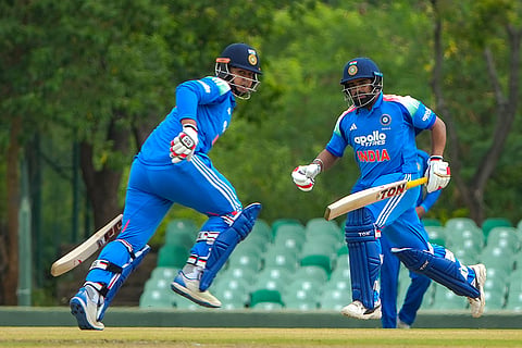 In this image received on June 11, 2026, India's Prabhsimran Singh, right, and Vaibhav Sooryavanshi run between the wickets during an ODI cricket match between India-A and Afghanistan-A, in Dambulla, Sri Lanka.