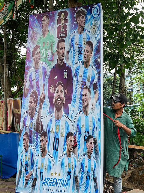 Kolkata: A football fan carries a banner featuring the Argentine players ahead of the FIFA World Cup 2026, in Kolkata.