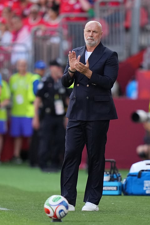 Bosnia head coach Serge Barbarez gestures from the sidelines during their FIFA World Cup 2026, Group B match against Canada in Toronto on Friday, June 12, 2026.