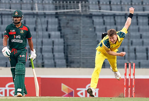 Australia's Riley Meredith bowls a delivery during the second one day international cricket match between Australia and Bangladesh in Mirpur, Bangladesh.