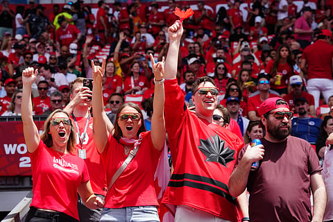 Canadian fans cheer ahead of the FIFA World Cup 2026 Group B soccer match between Canada and Bosnia, Friday, June 12, 2026, in Toronto.