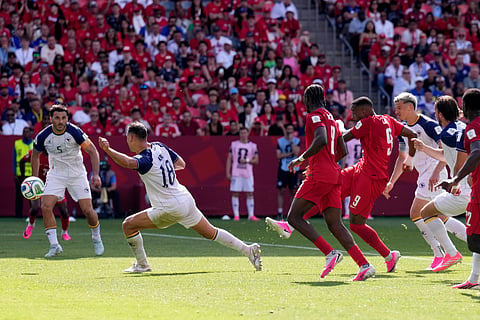 Canada's Cyle Larin (9) scores in the second half of their FIFA World Cup 206, Group B match against Bosnia in Toronto on Friday, June 12, 2026.