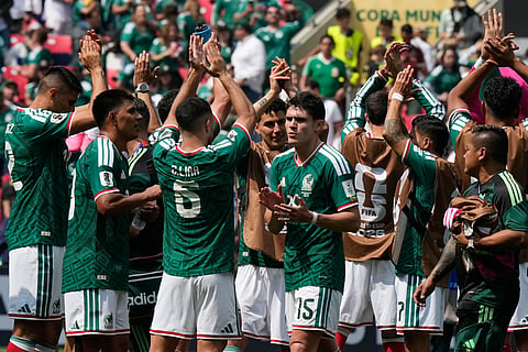 Mexico's Israel Reyes and teammates celebrate after defeating South Africa during the World Cup Group A soccer match in Mexico City, Thursday, June 11, 2026