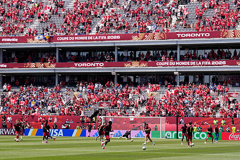 Canada players warm up before the World Cup Group B soccer match between Canada and Bosnia, Friday, June 12, 2026, in Toronto.