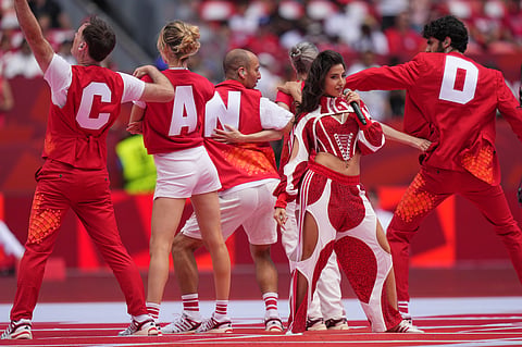 Nora Fatehi and other performers take part in the opening ceremony for the World Cup Group B soccer match between Canada and Bosnia in Toronto, Friday, June 12, 2026.