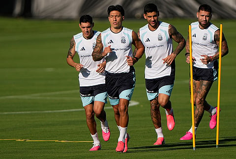 Members of the Argentine national team practice for the the FIFA World Cup soccer tournament in Kansas City, Kansas. 