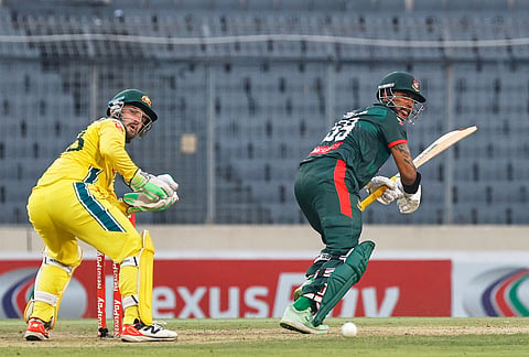 Bangladesh's Soumya Sarkar plays a shot during the second one day international cricket match between Australia and Bangladesh in Mirpur, Bangladesh.