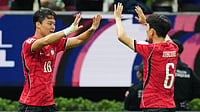 (AP Photo/Matias Delacroix) : South Korea's Oh Hyeon-gyu, left, celebrates with teammate Hwang In-beom after scoring his team's second goal during the World Cup Group A soccer match between South Korea and Czechia in Zapopan, near Guadalajara, Mexico, Thursday, June 11, 2026
