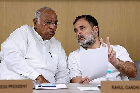 In this image posted on June 11, 2026, Congress President Mallikarjun Kharge and party leader Rahul Gandhi during a meeting at AICC headquarters, Indira Bhawan, in New Delhi.