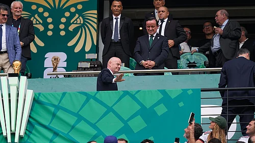 (AP Photo/Natacha Pisarenko) : FIFA President Gianni Infantino gestures before the World Cup Group A soccer match between Mexico and South Africa in Mexico City, Thursday, June 11, 2026