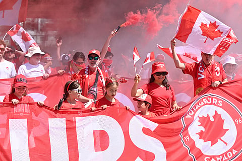 Members of the Voyageurs, Canada’s national team supporters, march toward Toronto Stadium ahead of the World Cup Group B soccer match between Canada and Bosnia, Friday, June 12, 2026, in Toronto.