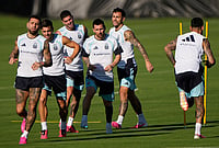 Argentina Vs Algeria, FIFA World Cup 2026 In Pics: See Best Photos From Group J Clash In Kansas City Stadium | Photo: AP/Charlie Riedel : Argentina's Lionel Messi, fourth from left, practices with teammates for the FIFA World Cup soccer tournament in Kansas City, Kansas.