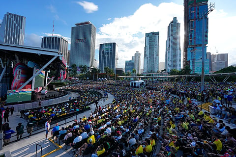 Fans gather at Bayfront Park in downtown Miami for a public watch party for the World Cup Group C soccer match between Brazil and Morocco, in Miami, Saturday, June 13, 2026.