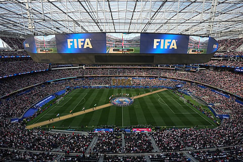 Flags of participating countries are displayed at midfield during an opening ceremony ahead of the World Cup Group D soccer match between the United States and Paraguay in Inglewood, Calif., near Los Angeles, Friday, June 12, 2026.