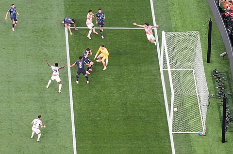 USA players celebrate after Paraguay's Damian Bobadilla, center, scored an own goal during their FIFA World Cup 2026, Group D match in Inglewood, Calif., near Los Angeles, Friday, June 12, 2026.