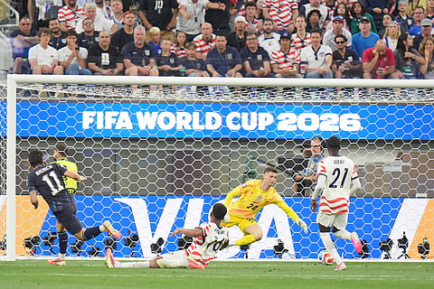 Paraguay's Mauricio (11) scores a goal against the United States during the World Cup Group D soccer match in Inglewood, Calif., near Los Angeles, Friday, June 12, 2026.