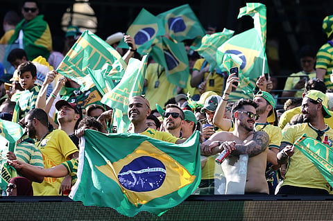 Fans wait for the start of the FIFA World Cup 2026, Group C opener between Brazil and Morocco in East Rutherford, N.J., near New York, Saturday, June 13, 2026.