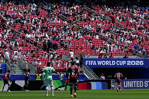 Empty seats are seen during the World Cup Group B soccer match between Qatar and Switzerland in Santa Clara, Calif., near San Francisco, Saturday, June 13, 2026.