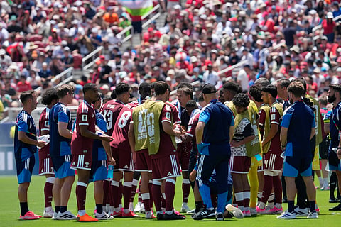 Qatari players take a water break during their FIFA World Cup 2026, Group B match against Switzerland in Santa Clara, Calif., near San Francisco, Saturday, June 13, 2026.