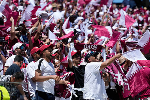 Qatar fans celebrate after the World Cup Group B soccer match between Qatar and Switzerland in Santa Clara, Calif., near San Francisco, Saturday, June 13, 2026.