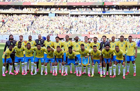 Brazil players pose before the World Cup Group C soccer match between Brazil and Morocco in East Rutherford, N.J., near New York, Saturday, June 13, 2026.