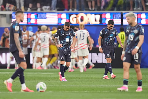 Paraguay's players react after the third goal of the United States during the World Cup Group D soccer match in Inglewood, Calif., near Los Angeles, Friday, June 12, 2026.