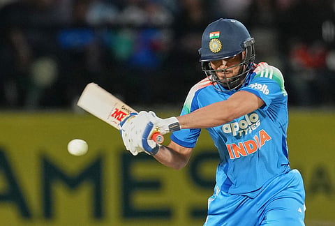 India's captain Shubman Gill plays a shot during the first ODI cricket match between Afghanistan and India in Dharamshala.