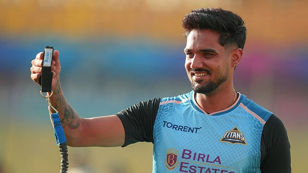 Gujarat Titans' Gurnoor Brar during a practice session ahead of an Indian Premier League (IPL) 2026 T20 first qualifier cricket match between Royal Challengers Bengaluru and Gujarat Titans, in Dharamshala, Himachal Pradesh. - | Photo: PTI/Atul Yadav