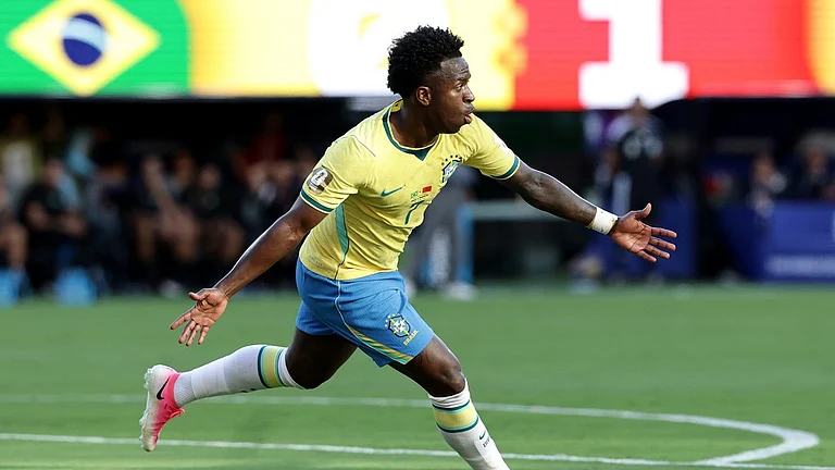 Brazil's Vinicius Junior (7) celebrates a goal in the first half during the World Cup Group C soccer match between Brazil and Morocco in East Rutherford. - AP Photo