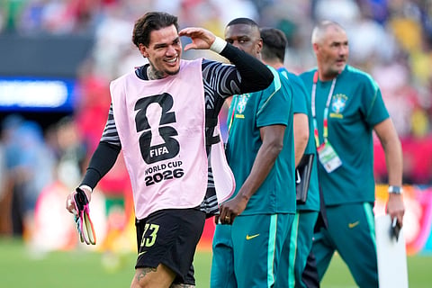 Brazil goalkeeper Ederson (23) looks on at halftime during the World Cup Group C soccer match between Brazil and Morocco in East Rutherford, N.J., near New York, Saturday, June 13, 2026.