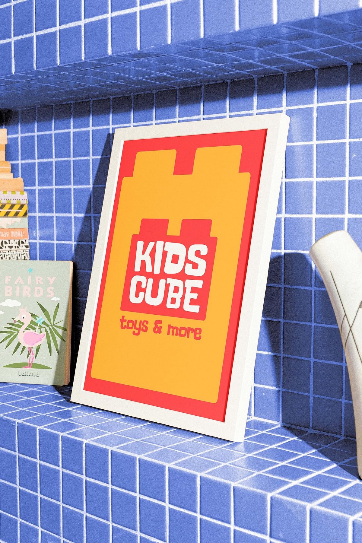 Kids cube toys and more sign displayed.