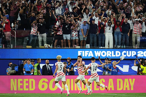 United States' Giovanni Reyna (7) celebrates scoring his side's 4th goal against Paraguay during the World Cup Group D soccer match in Inglewood, Calif., near Los Angeles, Friday, June 12, 2026.