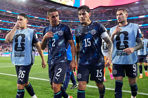 Paraguay's Alexandro Maidana, left, Gustavo Velazquez, Gustavo Gomez, and Antonio Sanabria, right, walk from the field following the World Cup Group D match against the United States in Inglewood, Calif., near Los Angeles, Friday, June 12, 2026.