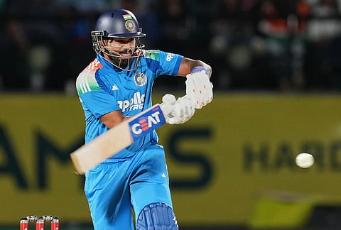 India's Shreyas Iyer ducks a bouncer during the first ODI cricket match between Afghanistan and India in Dharamshala.