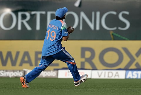 India's Harsh Dubey takes the catch to dismiss Afghanistan's Rahmat Shah during the first ODI cricket match between Afghanistan and India in Dharamshala.