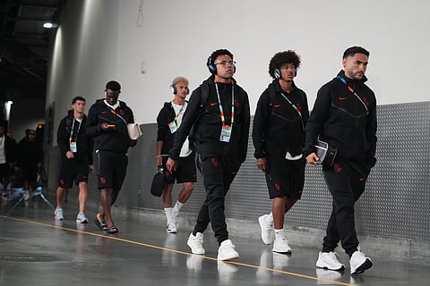 United States players, from right, Cristian Roldan, Chris Richards, Weston McKennie and teammates arrive for their FIFA World Cup 2026, Group D match against Paraguay in Inglewood, Calif., near Los Angeles, Friday, June 12, 2026.