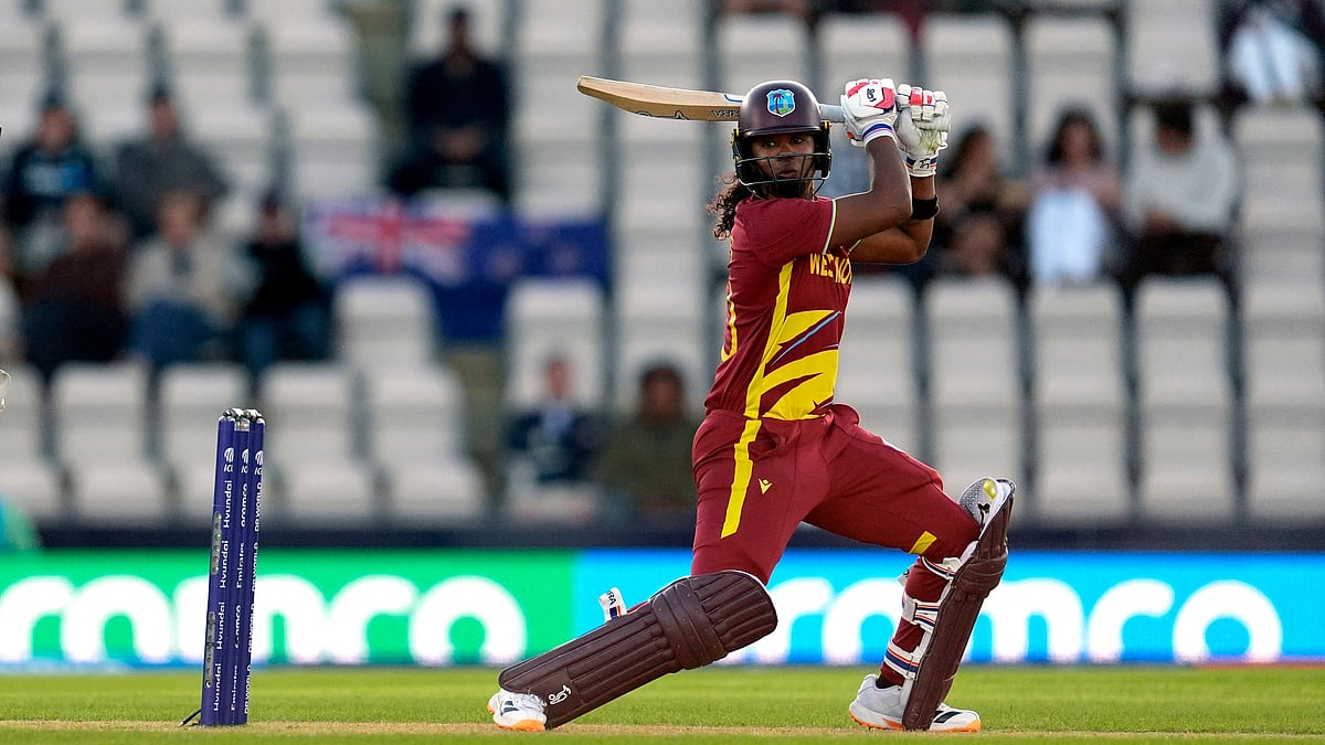 West Indies' Hayley Matthews bats during the Women's T20 World Cup match between New Zealand and West Indies in Southampton, England, Saturday June 13, 2026. - (Andrew Matthews/PA via AP)