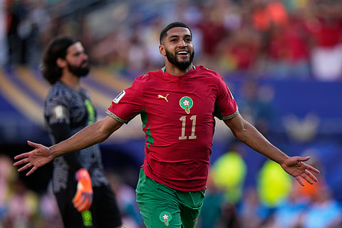 Morocco's Ismael Saibari celebrates scoring his side's opening goal against Brazil during the World Cup Group C soccer match in East Rutherford, N.J., near New York, Saturday, June 13, 2026.