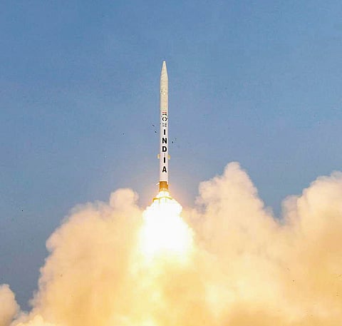 A missile is launched during a flight test conducted by the Defence Research and Development Organisation (DRDO). 