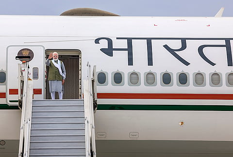 Prime Minister Narendra Modi emplanes for a two-nation visit to France and Slovakia. 