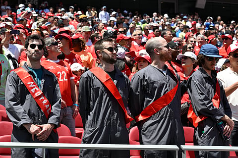 Fans dressed as neutral supporters wait for the start of the FIFA World Cup 2026, Group B match between Qatar and Switzerland in Santa Clara, Calif., near San Francisco, Saturday, June 13, 2026.