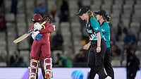 West Indies Vs New Zealand, Women's T20 World Cup 2026: Campbelle Masterclass Stuns Defending Champions (Andrew Matthews/PA via AP) : West Indies' Shemaine Campbelle, left, and Jahzara Claxton celebrate after hitting the winning runs after the Women's T20 World Cup match between New Zealand and West Indies in Southampton, England, Saturday June 13, 2026.