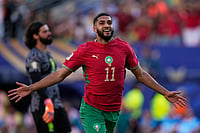 AP Photo/Frank Franklin II : Morocco's Ismael Saibari celebrates scoring his side's opening goal against Brazil during the World Cup Group C soccer match in East Rutherford, N.J., near New York, Saturday, June 13, 2026.